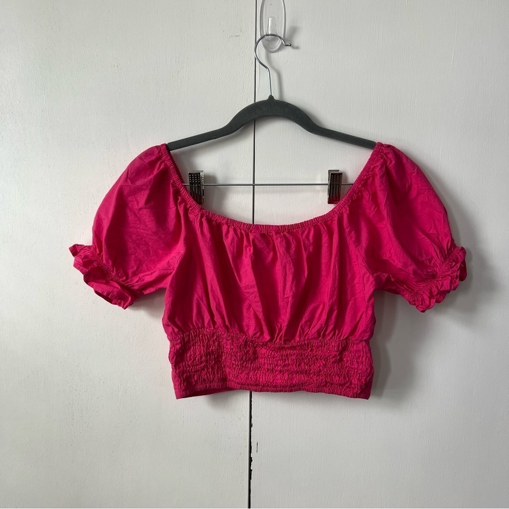 Sim & Sam Hot Pink Puff Sleeve Crop Top – 100% Cotton Peasant Style Womans Small - Picture 5 of 5